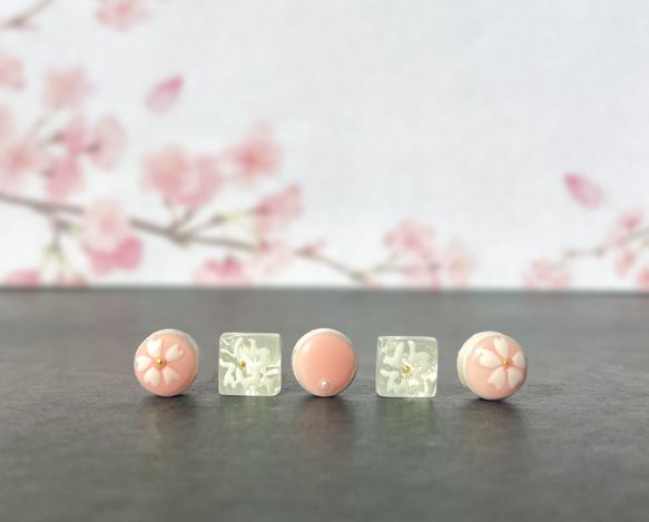 春 桜 ぴんく 可愛い ふんわり 春色 陶土 美濃焼 タイル ピアス 