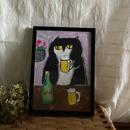 絵画。原画☆キャンバスF6【かわいい猫2匹とビールを飲みます】 絵画 。原画【ビールが大好きな黒猫ちゃん、楽しくて大満足】