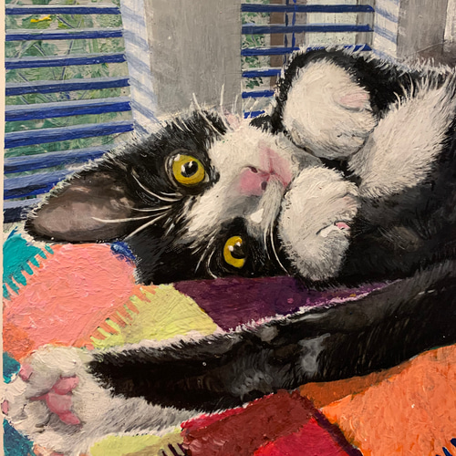 絵/絵画/モザイクの入るハチワレ/アクリル画/A4/原画/手書き/猫