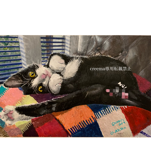 Amazon.co.jp: 絵絵画車レトロ猫ハチワレ原画A4アクリル画手書き