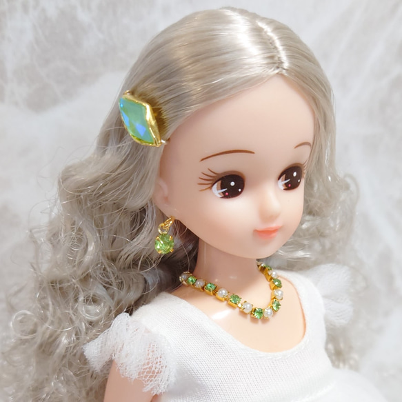 330リカちゃんネックレスヘアピンピアスセット(緑クリアストーン 