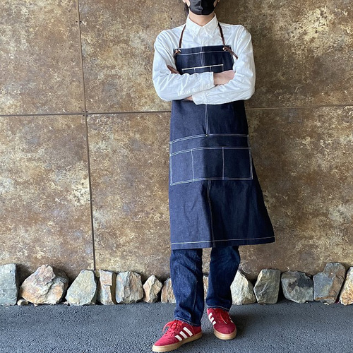 セルビッジ岡山デニムエプロン×イタリア本革/メンズエプロン、カフェ