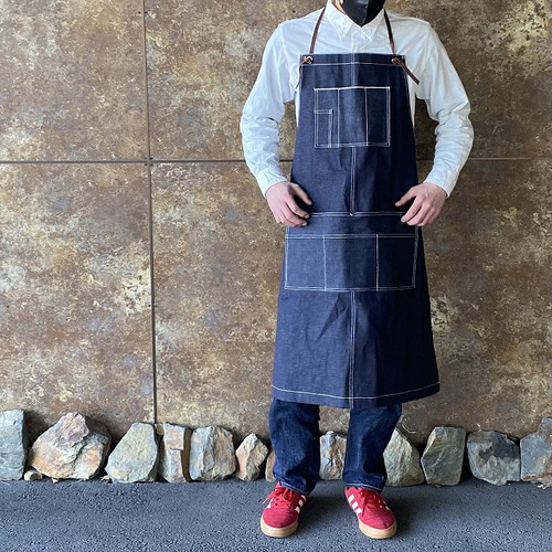 セルビッジ岡山デニムエプロン×イタリア本革/メンズエプロン、カフェ