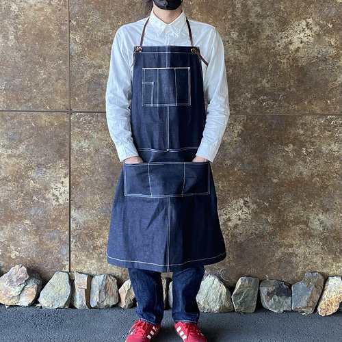 セルビッジ岡山デニムエプロン×イタリア本革/メンズエプロン、カフェ