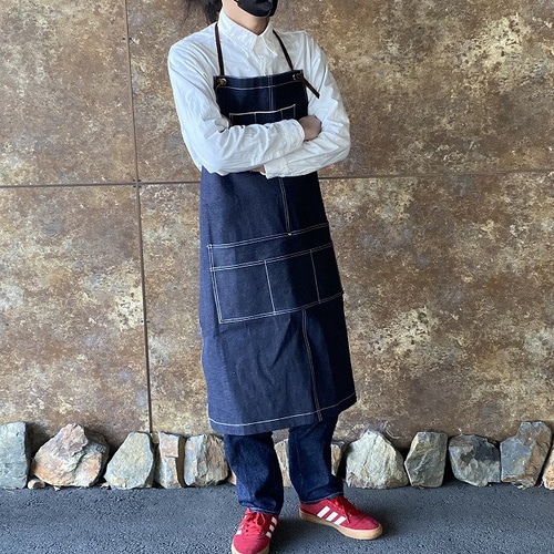 セルビッジ岡山デニムエプロン×イタリア本革/メンズエプロン、カフェ