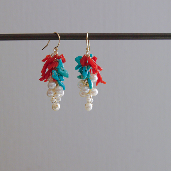 fusa : Coral & Turquoise & Pearl（earring） 珊瑚とターコイズとパールの耳飾り 2枚目の画像