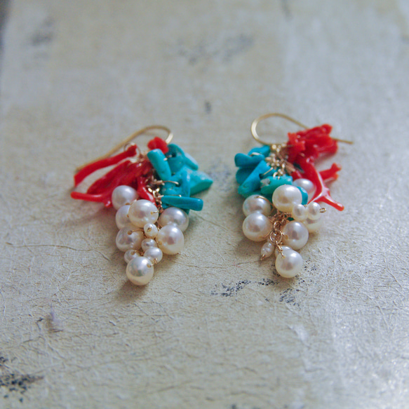 fusa : Coral & Turquoise & Pearl（earring） 珊瑚とターコイズとパールの耳飾り 11枚目の画像