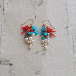 fusa : Coral & Turquoise & Pearl（earring） 珊瑚とターコイズとパールの耳飾り 10枚目の画像