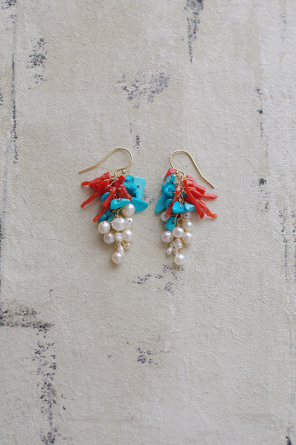 fusa : Coral & Turquoise & Pearl（earring） 珊瑚とターコイズとパールの耳飾り 10枚目の画像