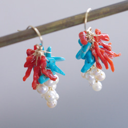 fusa : Coral & Turquoise & Pearl（earring） 珊瑚とターコイズとパールの耳飾り 9枚目の画像