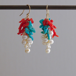 fusa : Coral & Turquoise & Pearl（earring） 珊瑚とターコイズとパールの耳飾り 13枚目の画像