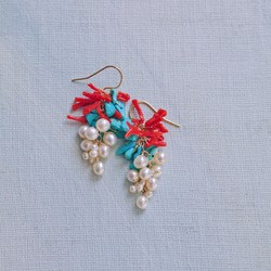 fusa : Coral & Turquoise & Pearl（earring） 珊瑚とターコイズとパールの耳飾り 3枚目の画像