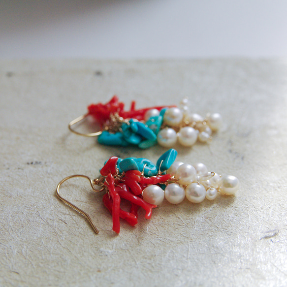 fusa : Coral & Turquoise & Pearl（earring） 珊瑚とターコイズとパールの耳飾り 12枚目の画像