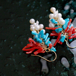 fusa : Coral & Turquoise & Pearl（earring） 珊瑚とターコイズとパールの耳飾り 7枚目の画像