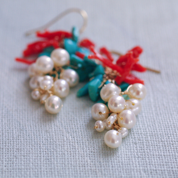 fusa : Coral & Turquoise & Pearl（earring） 珊瑚とターコイズとパールの耳飾り 5枚目の画像