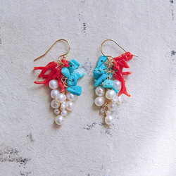 fusa : Coral & Turquoise & Pearl（earring） 珊瑚とターコイズとパールの耳飾り 1枚目の画像