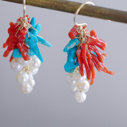 fusa : Coral & Turquoise & Pearl（earring） 珊瑚とターコイズとパールの耳飾り 4枚目の画像