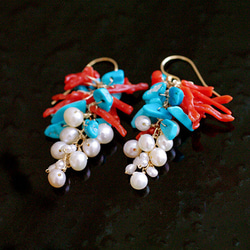 fusa : Coral & Turquoise & Pearl（earring） 珊瑚とターコイズとパールの耳飾り 8枚目の画像