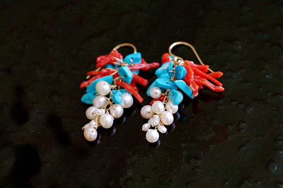 fusa : Coral & Turquoise & Pearl（earring） 珊瑚とターコイズとパールの耳飾り 8枚目の画像