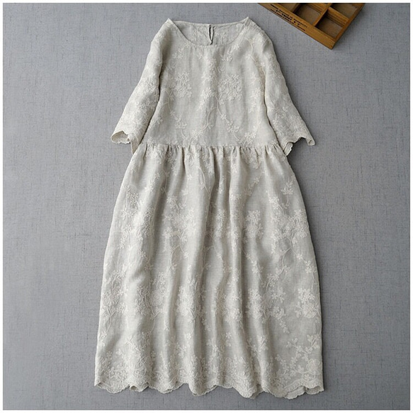 上質国産リネン 5分袖ワンピース ボタニカル 服作り40年の田舎町仕立屋  