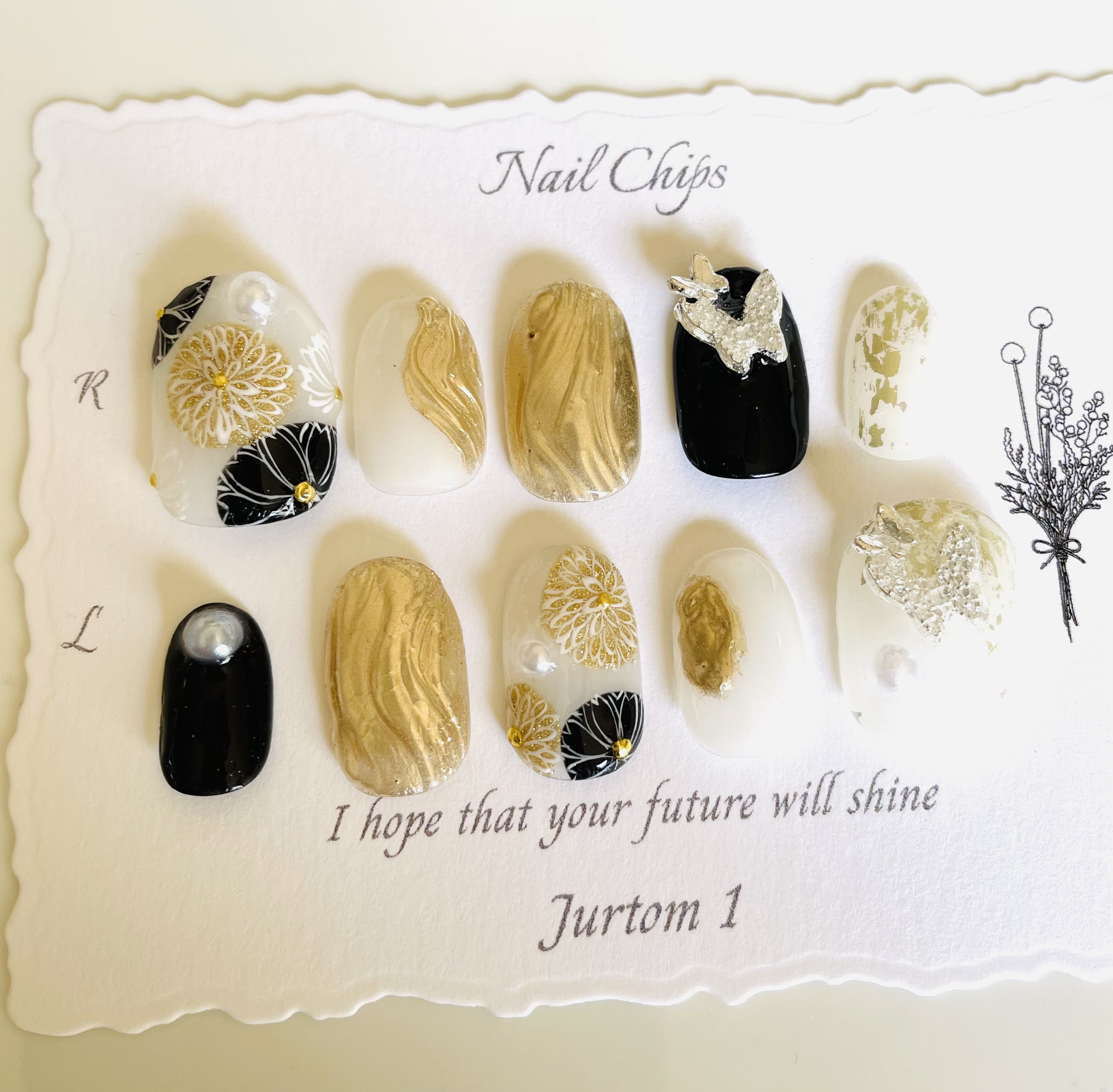 jurtom 1ネイルチップ／ブラックネイル／成人式ネイル／ブライダルネイル／着物ネイル/
