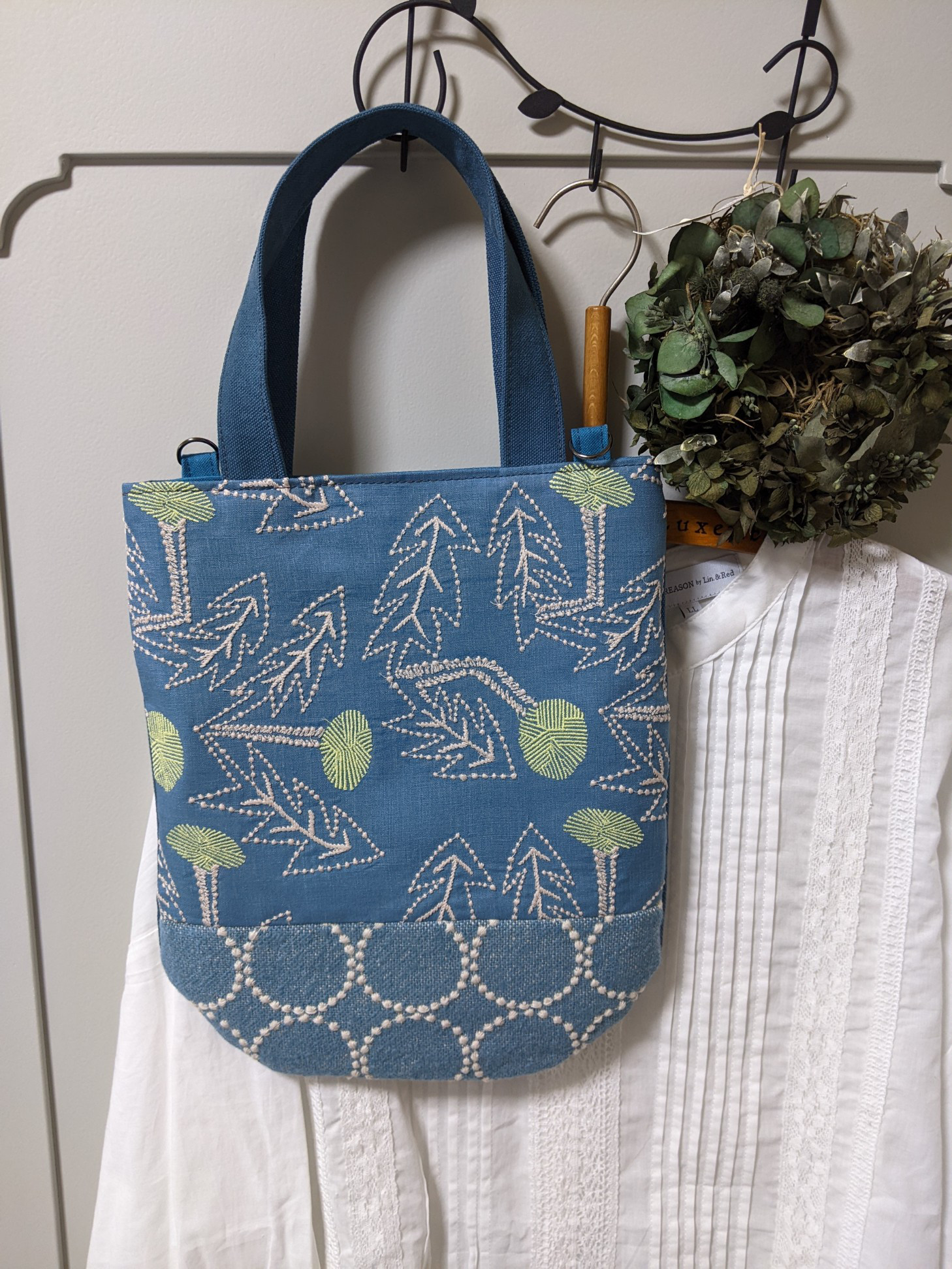 ハンドメイド❁⃘オーバルトート ミナペルホネン wataridori ライトブルー ハンドメイド❁⃘オーバルトート ミナペルホネン wataridori