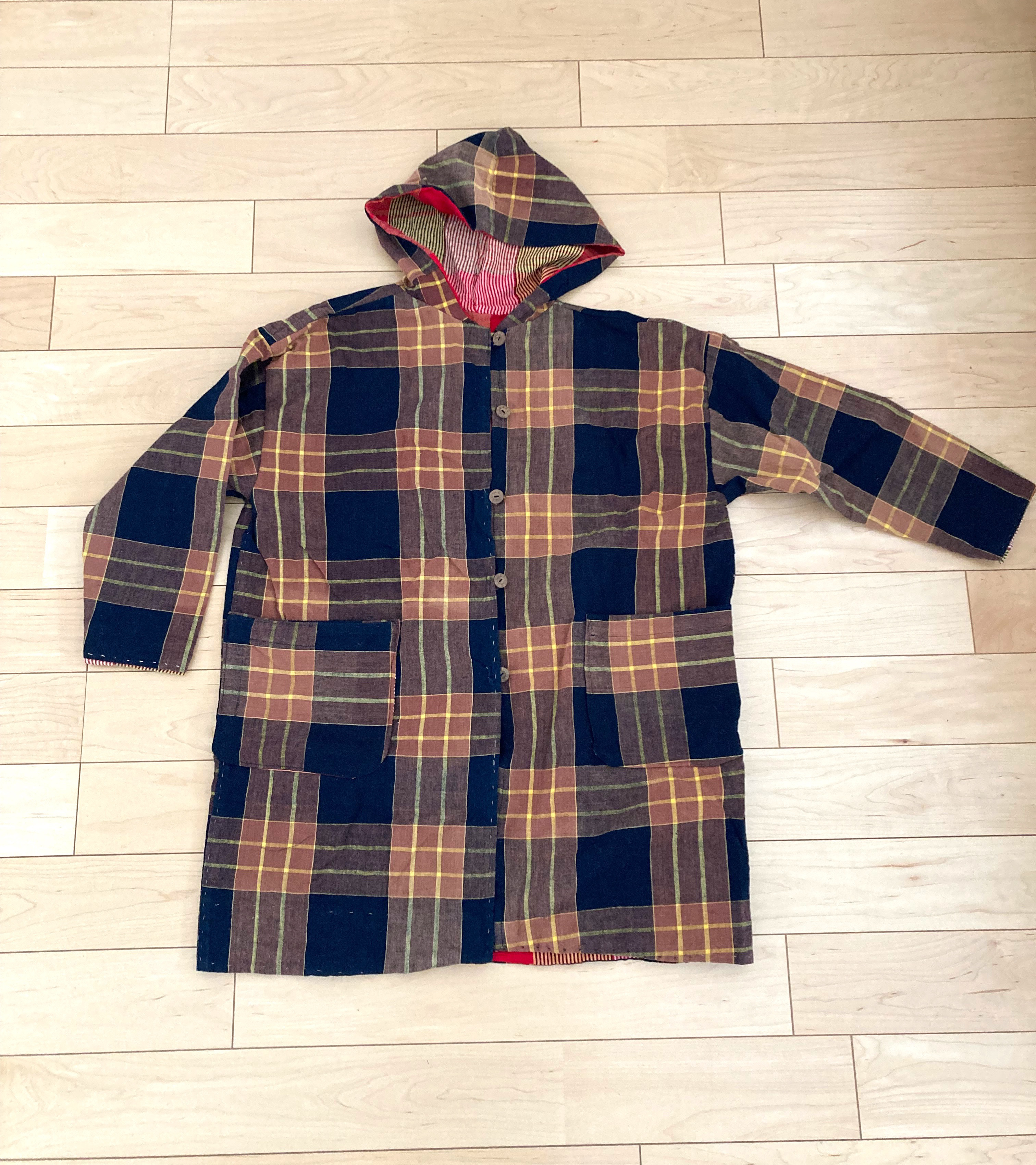 古布布団リメイクフード付コート　スプリングコート