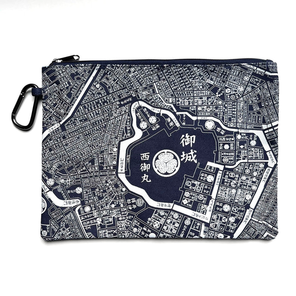 江戸東京トートマップのフラットポーチ（片面が現在の地図柄、もう片面が幕末古地図柄）ブルー 1枚目の画像