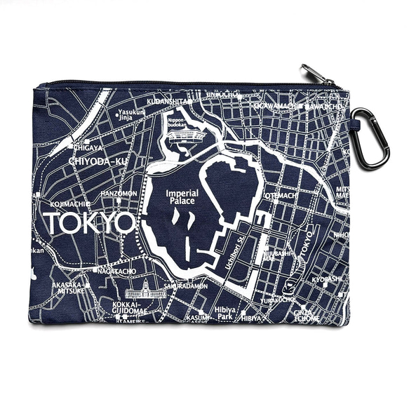 江戸東京トートマップのフラットポーチ（片面が現在の地図柄、もう片面が幕末古地図柄）ブルー 2枚目の画像