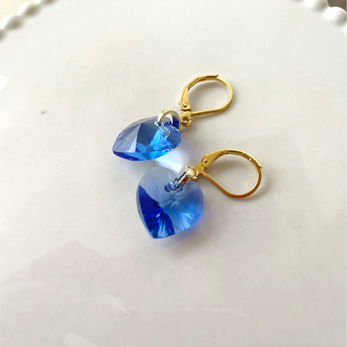ハート型クリスタルピアス サファイア ピアス（フック・チェーン 