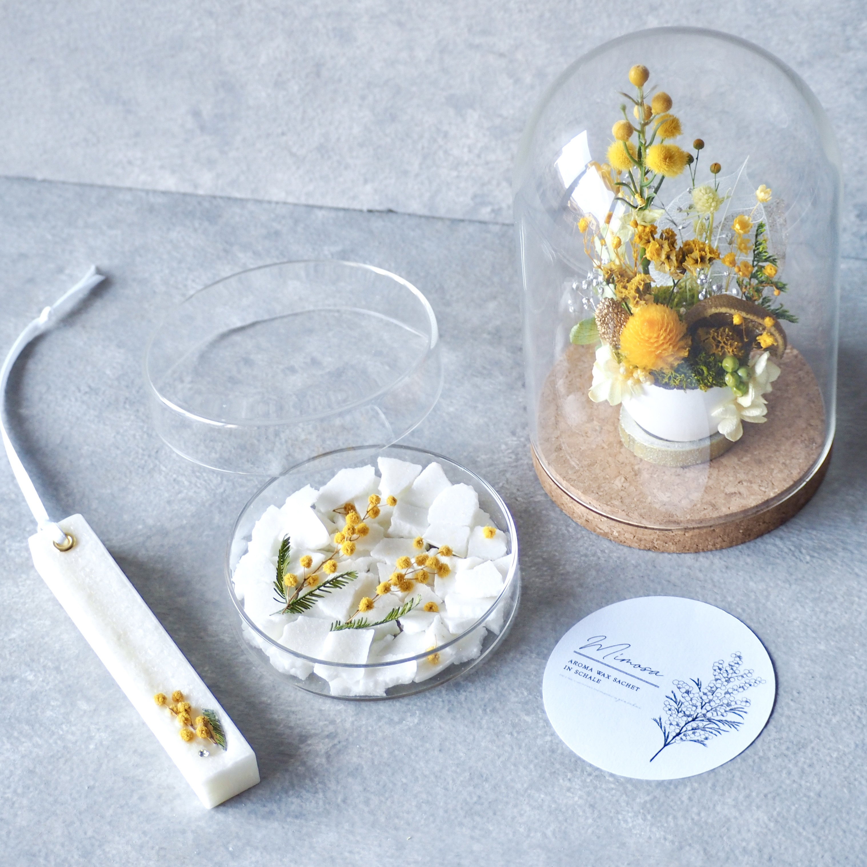 ミモザの箱庭とアロマワックスシャーレ/サシェの3点セット