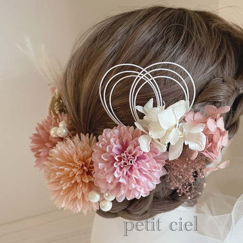 叶結びとくすみピンク系フラワーのふんわり髪飾り 成人式 卒業式 和装