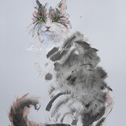 振り向く猫２０２３，１（水彩画用紙、A4サイズ30cm×２１ｃｍ、墨、水彩） 1枚目の画像