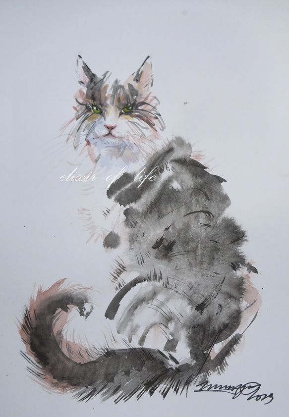 振り向く猫２０２３，１（水彩画用紙、A4サイズ30cm×２１ｃｍ、墨、水彩） 1枚目の画像