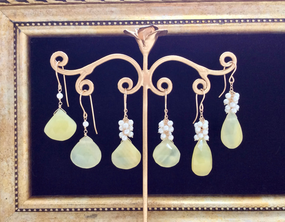 大粒イエローオパールと淡水真珠のピアス（マロンカット） 5枚目の画像