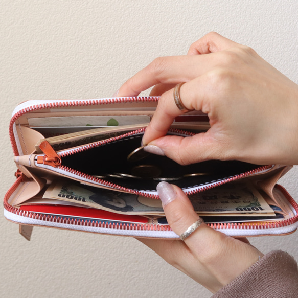 【総手縫いフルレザー】ナチュラル　ラウンドファスナーウォレット　長財布　シンプル　ヌメ革　エクセラ　姫路レザー 