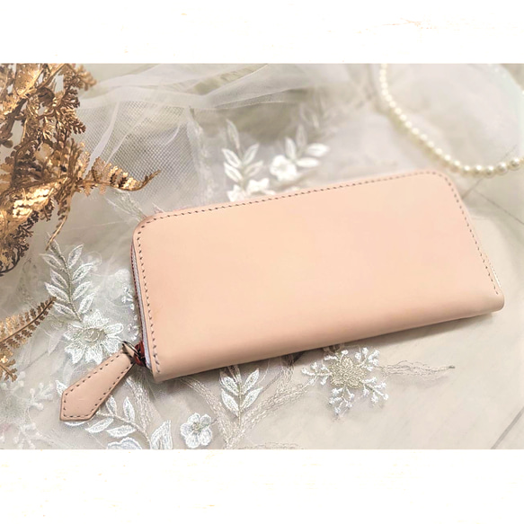 【総手縫いフルレザー】ナチュラル　ラウンドファスナーウォレット　長財布　シンプル　ヌメ革　エクセラ　姫路レザー 