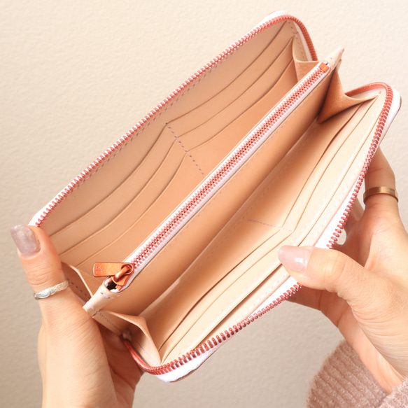 【総手縫いフルレザー】ナチュラル　ラウンドファスナーウォレット　長財布　シンプル　ヌメ革　エクセラ　姫路レザー 