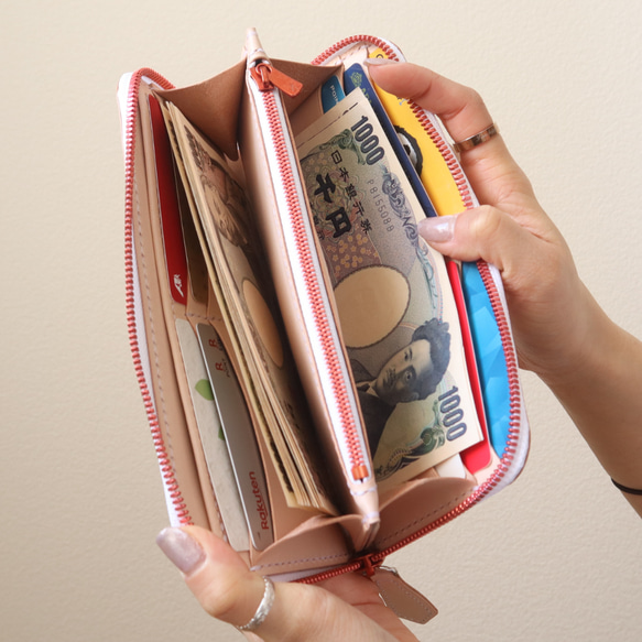 【総手縫いフルレザー】ナチュラル　ラウンドファスナーウォレット　長財布　シンプル　ヌメ革　エクセラ　姫路レザー 