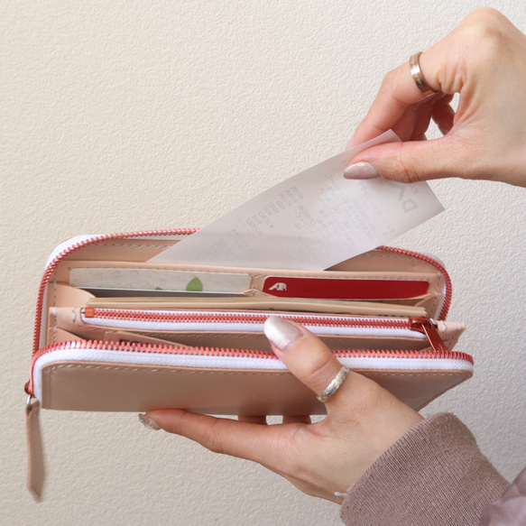 【総手縫いフルレザー】ナチュラル　ラウンドファスナーウォレット　長財布　シンプル　ヌメ革　エクセラ　姫路レザー 