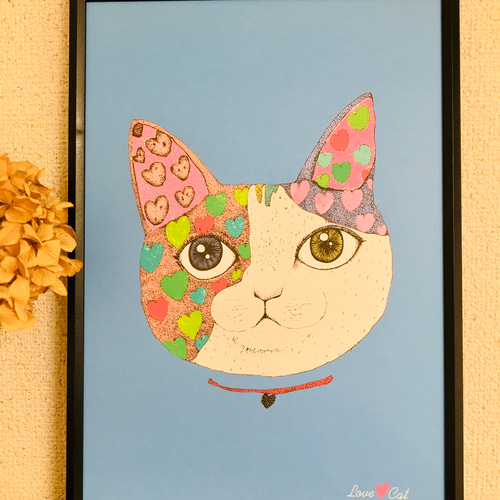 Love♡cat カラフル猫さんとハートver2 アートポスター イラスト