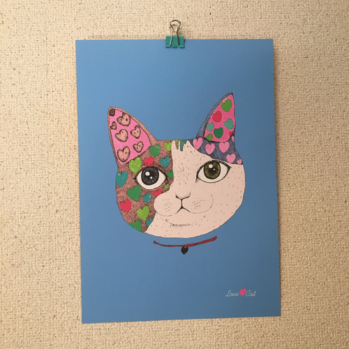 Love♡cat カラフル猫さんとハートver2 アートポスター イラスト