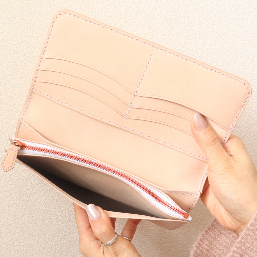 【総手縫いフルレザー】ナチュラル　ロングウォレット　２つ折り 長財布　シンプル　ヌメ革　姫路レザー　エクセラ