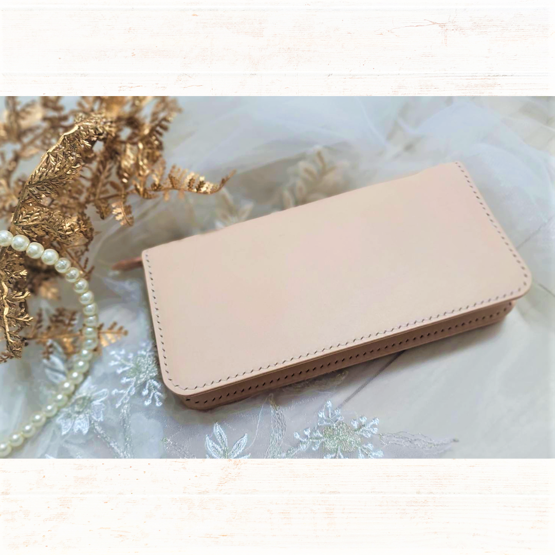 【総手縫いフルレザー】ナチュラル　ロングウォレット　２つ折り 長財布　シンプル　ヌメ革　姫路レザー　エクセラ