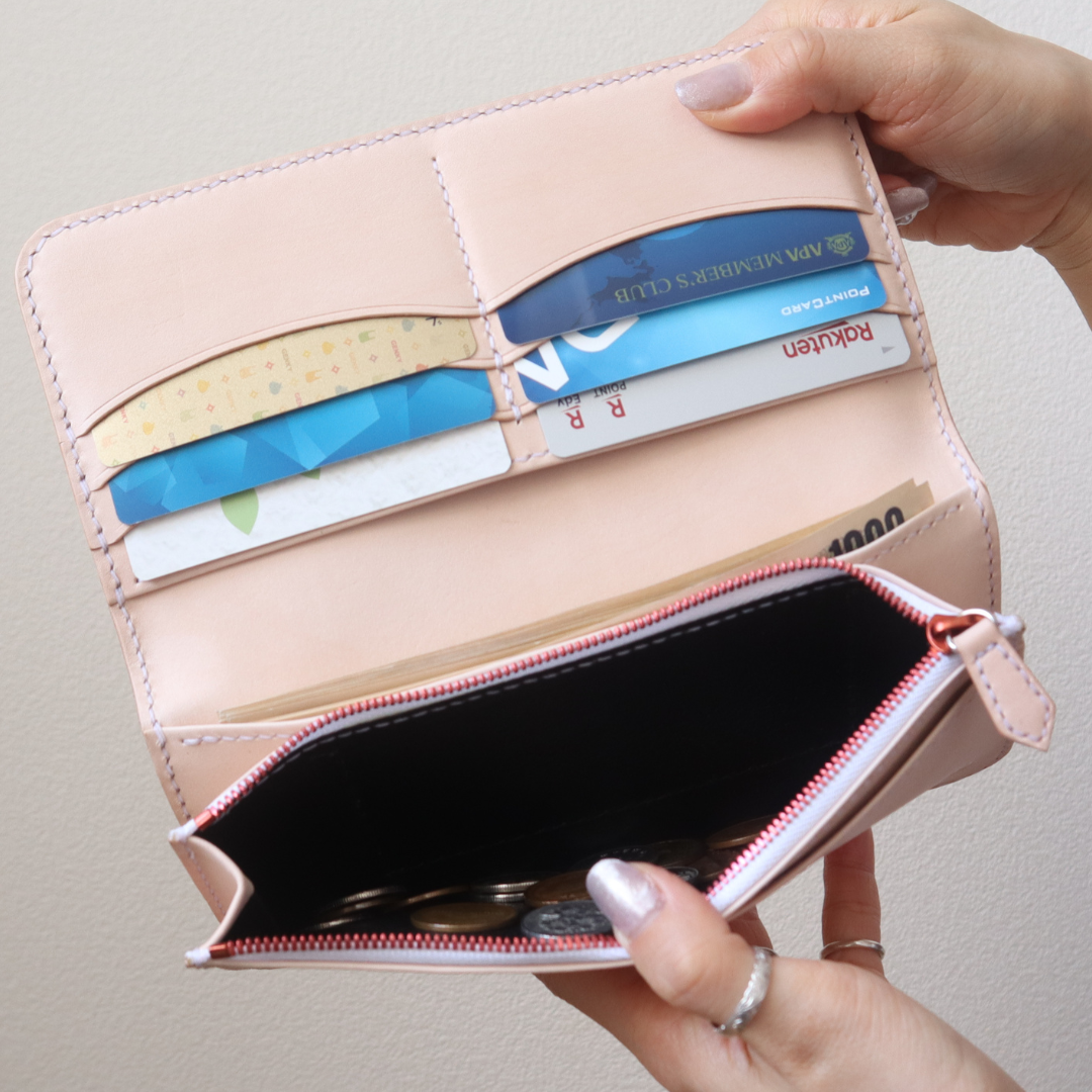 【総手縫いフルレザー】ナチュラル　ロングウォレット　２つ折り 長財布　シンプル　ヌメ革　姫路レザー　エクセラ