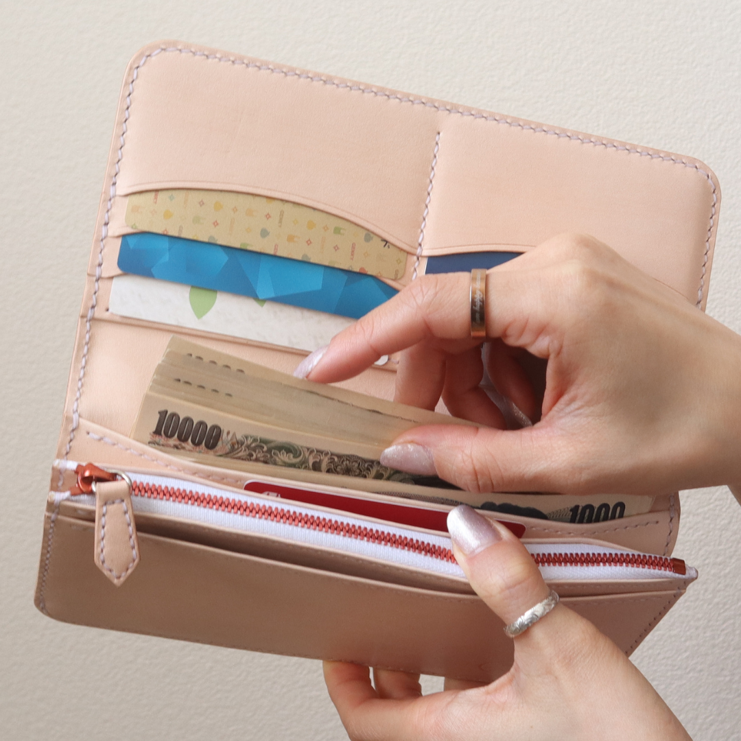 【総手縫いフルレザー】ナチュラル　ロングウォレット　２つ折り 長財布　シンプル　ヌメ革　姫路レザー　エクセラ