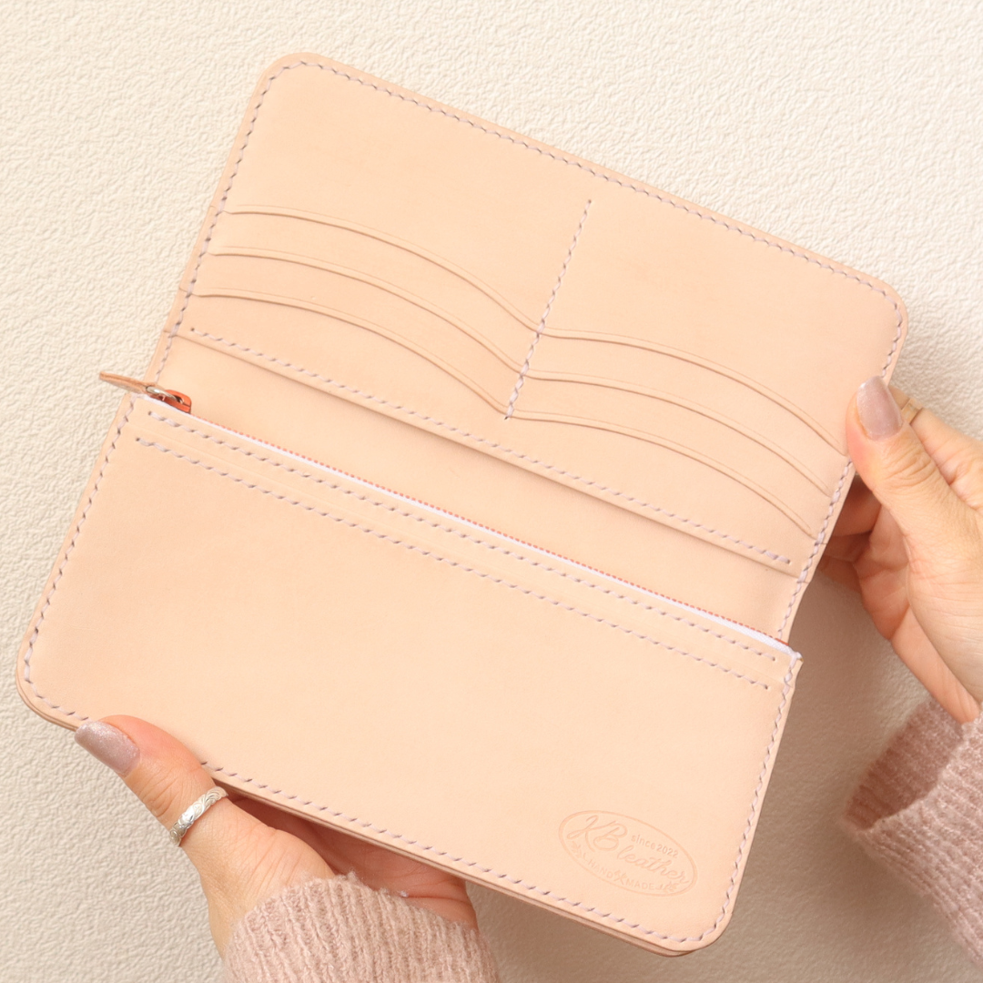 【総手縫いフルレザー】ナチュラル　ロングウォレット　２つ折り 長財布　シンプル　ヌメ革　姫路レザー　エクセラ