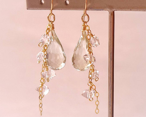 ◇14kgf クンツァイトカラークォーツ*マーキスのピアス揺れるシンプル