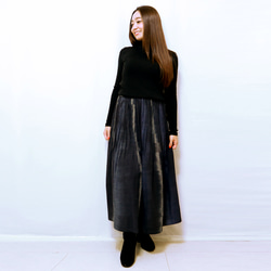 再2☆手織り綿絣ピンタックロングスカート、インディゴブラック、オールシーズン 3枚目の画像