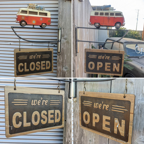 可愛らしい 壁掛け看板 ワーゲンバス オープン&クローズド サインボード open オープン キッチンカー 看板 ウェルカムボード ワーゲン